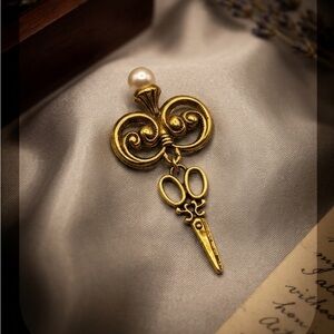Vintage Antiqued Gold Faux Pearl Scissors Dangle Brooch Pin